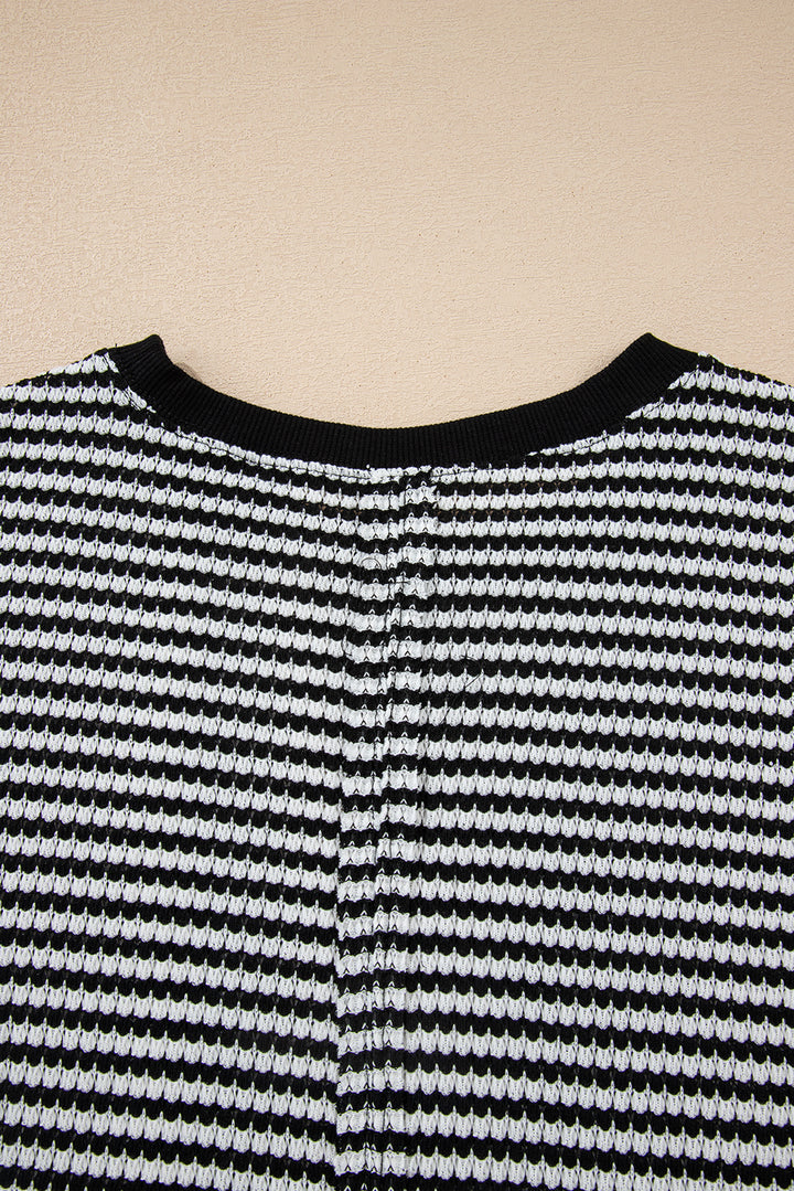 Black Stripe Ribbed Trim Drop Shoulder Long Sleeve Oversize Top