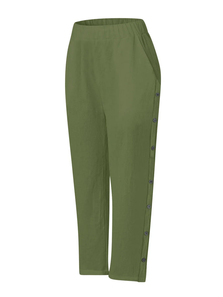 Full Size Side Decor Button Casual Wide Leg Pants Plus Size