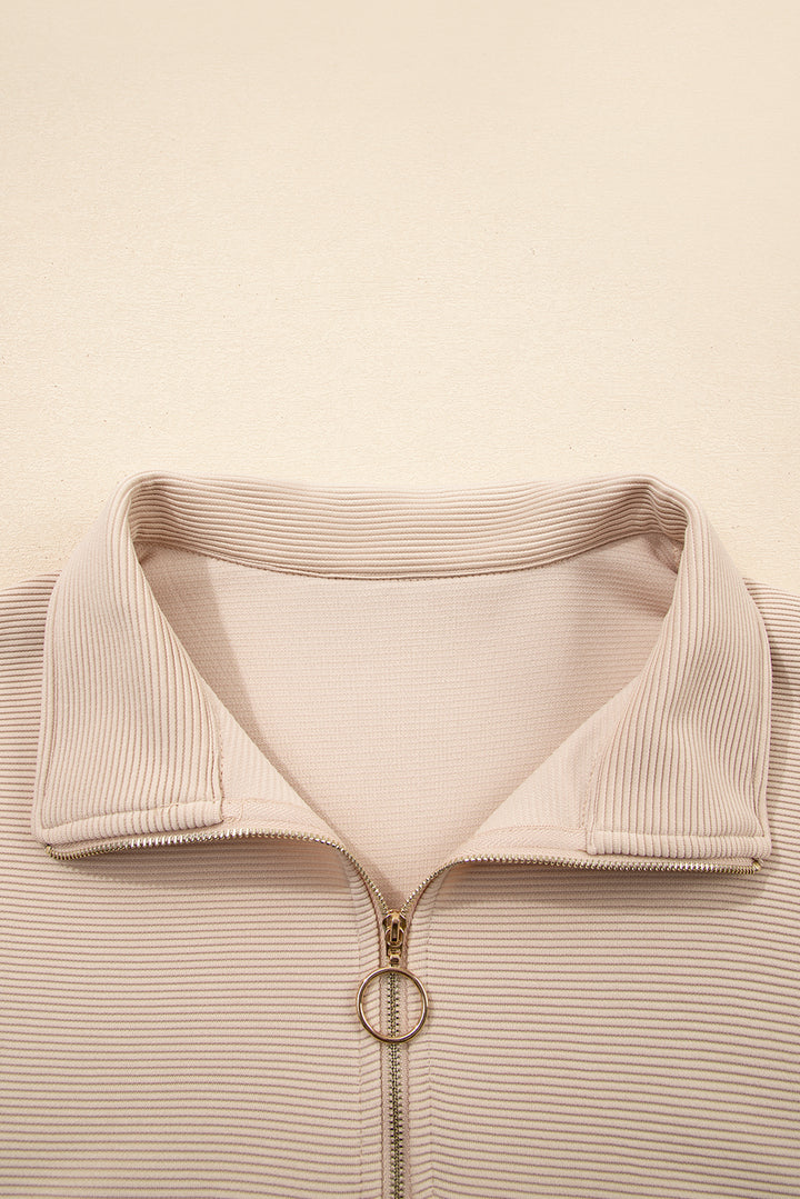 Parchment Textured Half Zip Kangaroo Pocket Top Drawstring Shorts Set