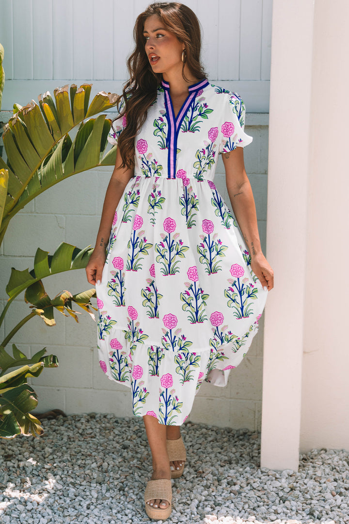 White Floral Puff Short Sleeve V Neck High Waist Maxi Dress