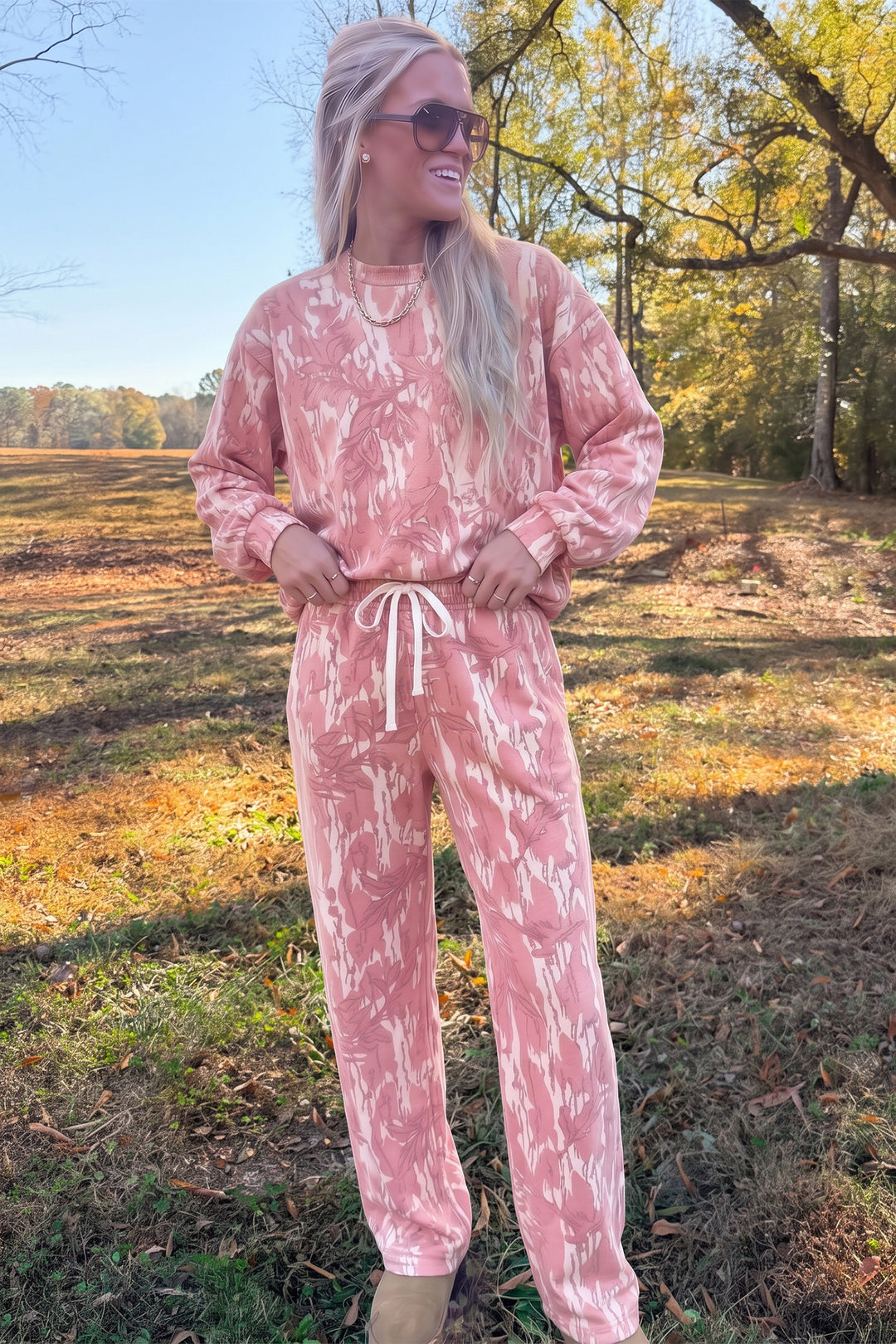 Pink Abstract Floral Print Loose Pullover Drawstring Pants 2pcs Set