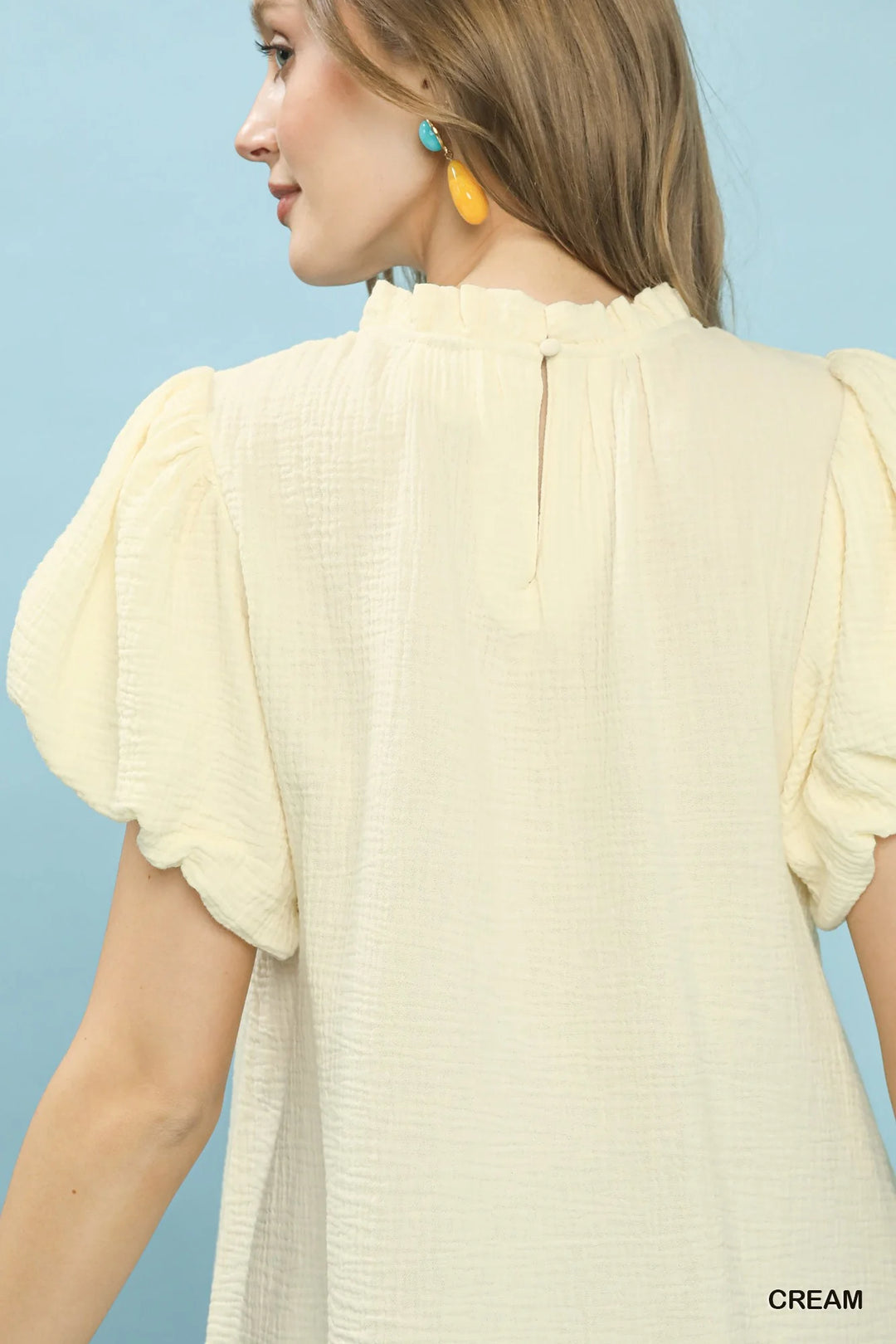 Umgee Textured Gauze Ruffle Neck Boho Top