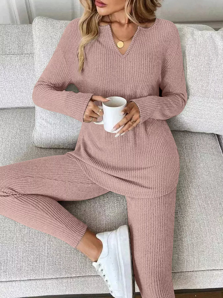 Ribbed Knit Long Sleeve Top and Pants Set