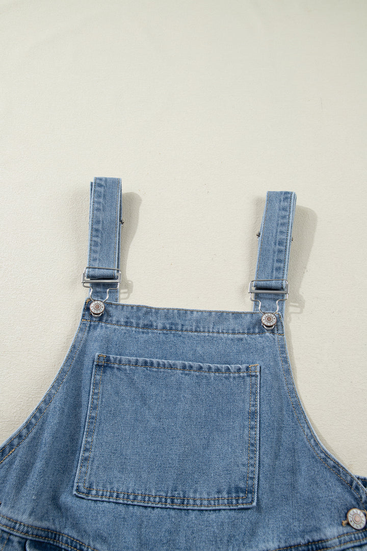 Dusk Blue Pleated Wide Leg Retro Pocketed Denim Jumpsuit