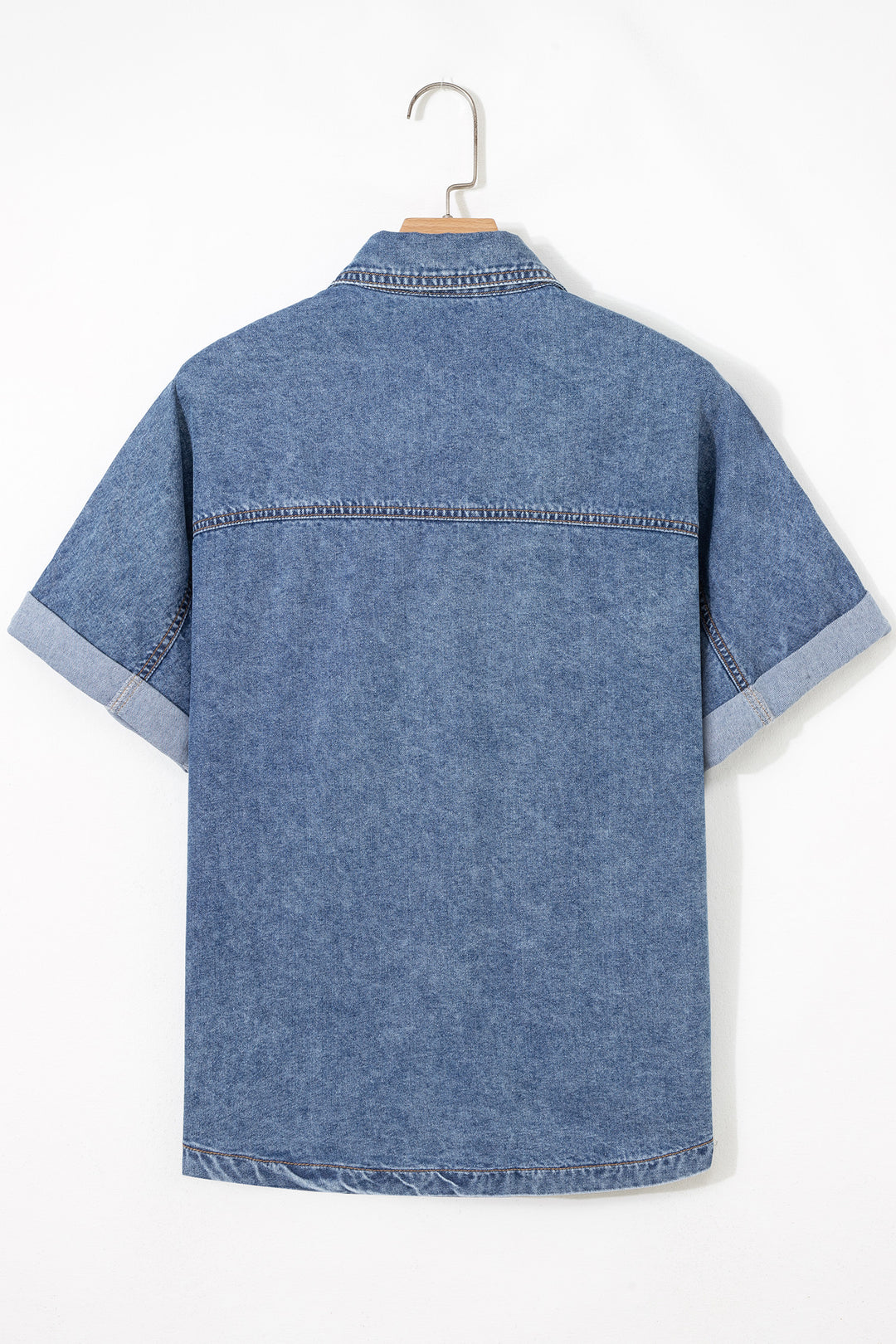Button Flap Pocket Cuffed Short Sleeve Denim Shirt