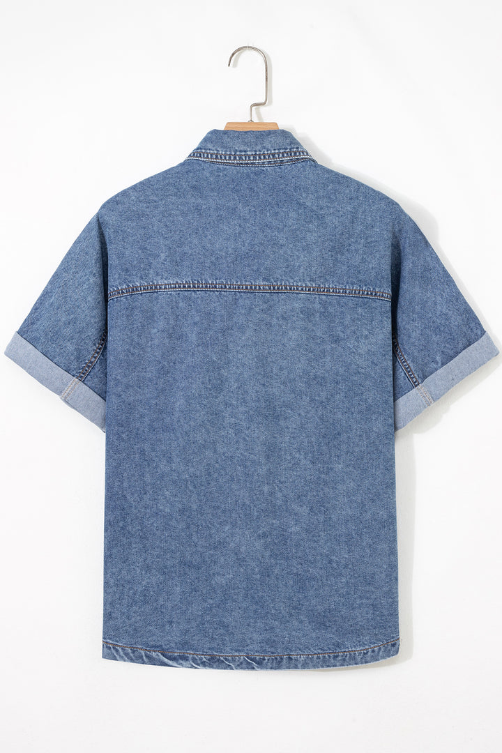 Button Flap Pocket Cuffed Short Sleeve Denim Shirt