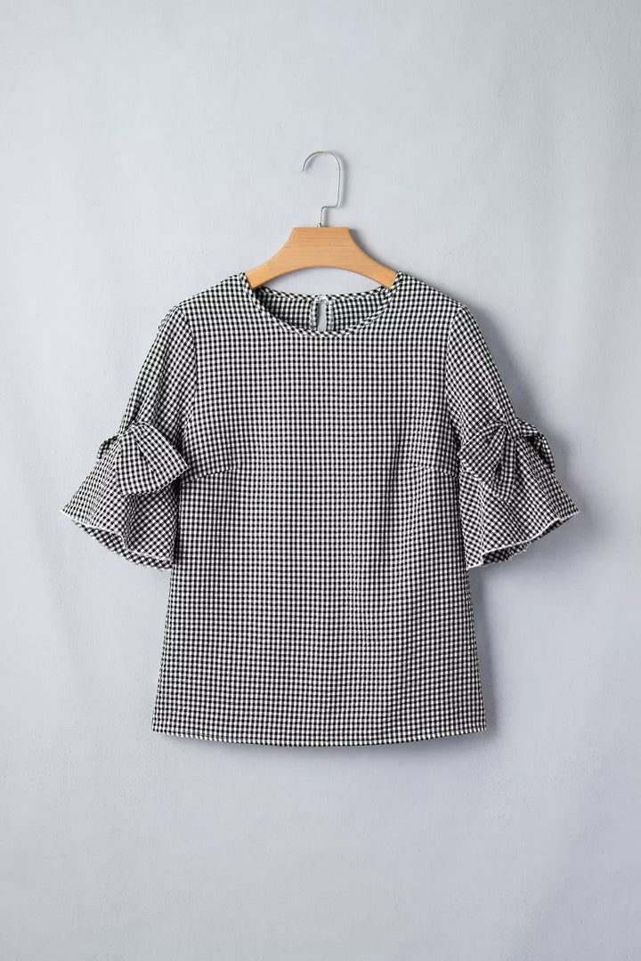 Gingham Bow Half Sleeve Blouse