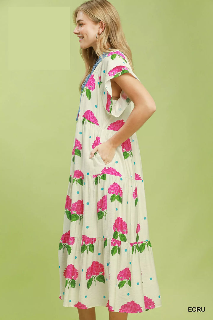 Umgee Hydrangea Print Tiered Midi Dress