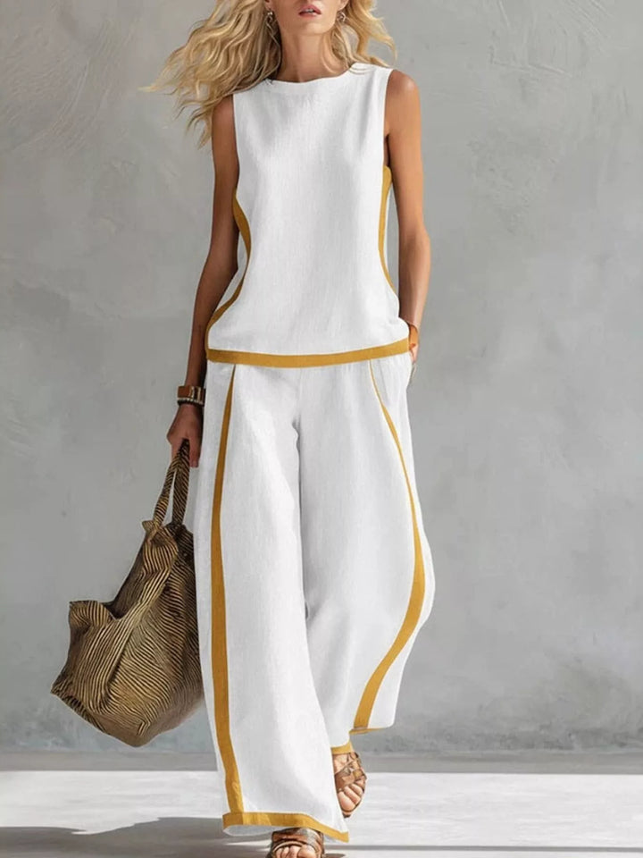 Full Size Contrast Stripe Sleeveless Top & Wide-Leg Pants Set Plus Size