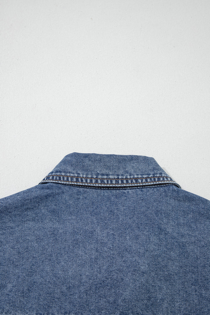 Button Flap Pocket Cuffed Short Sleeve Denim Shirt