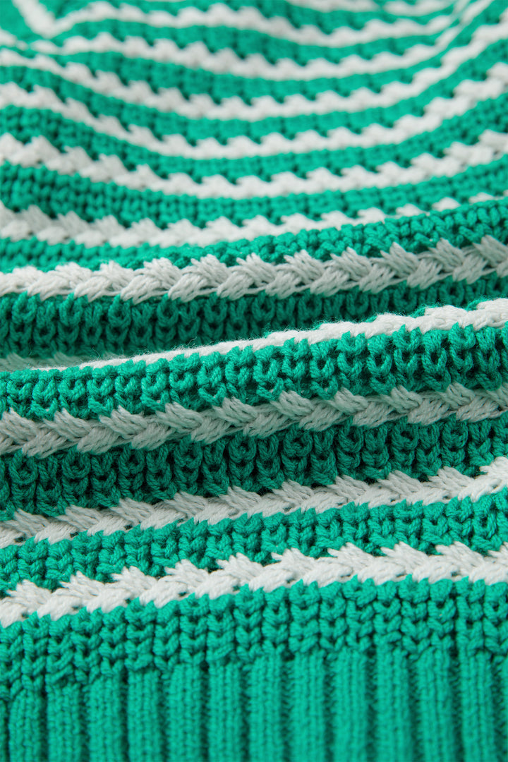 Green Stripe Short Sleeve Knit V Neck Bow Knot Sweater