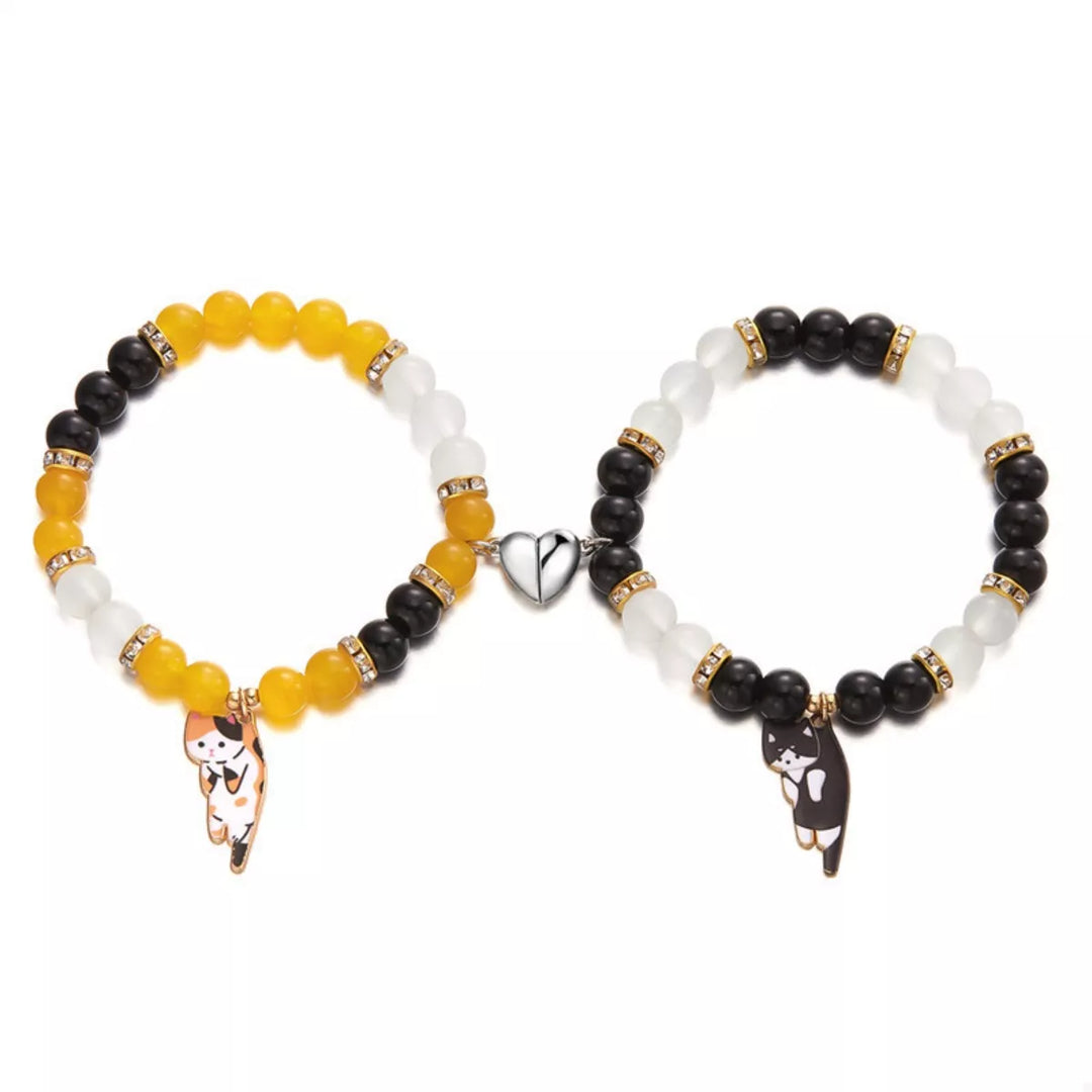 2 Piece Beaded Cat Charm Bracelet
