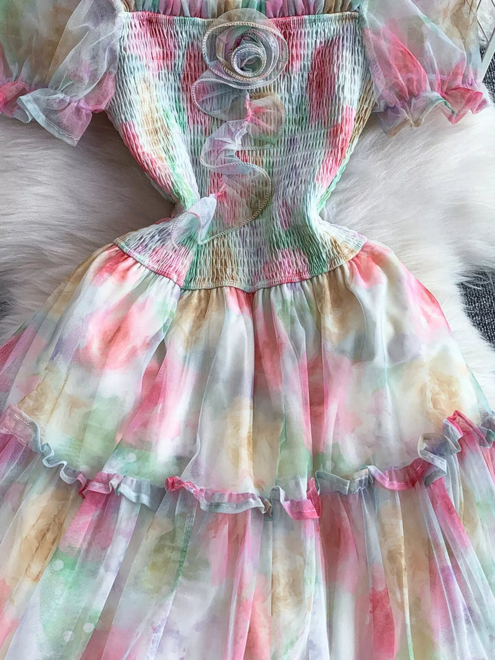Smocked Floral Tiered Mesh Midi Dress