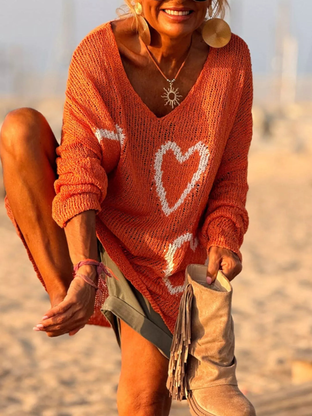 Heart V-Neck Dropped Shoulder Sweater