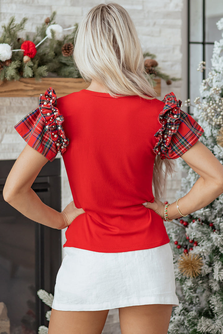 Racing Red Plaid Pearl Ruffle Short Sleeve Loose T Shirt