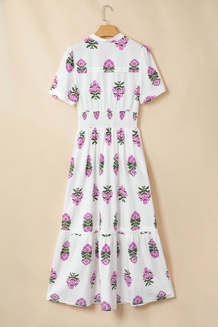 White Floral Print Split Neck Shirred High Waist Ruffle Hem Maxi Dress