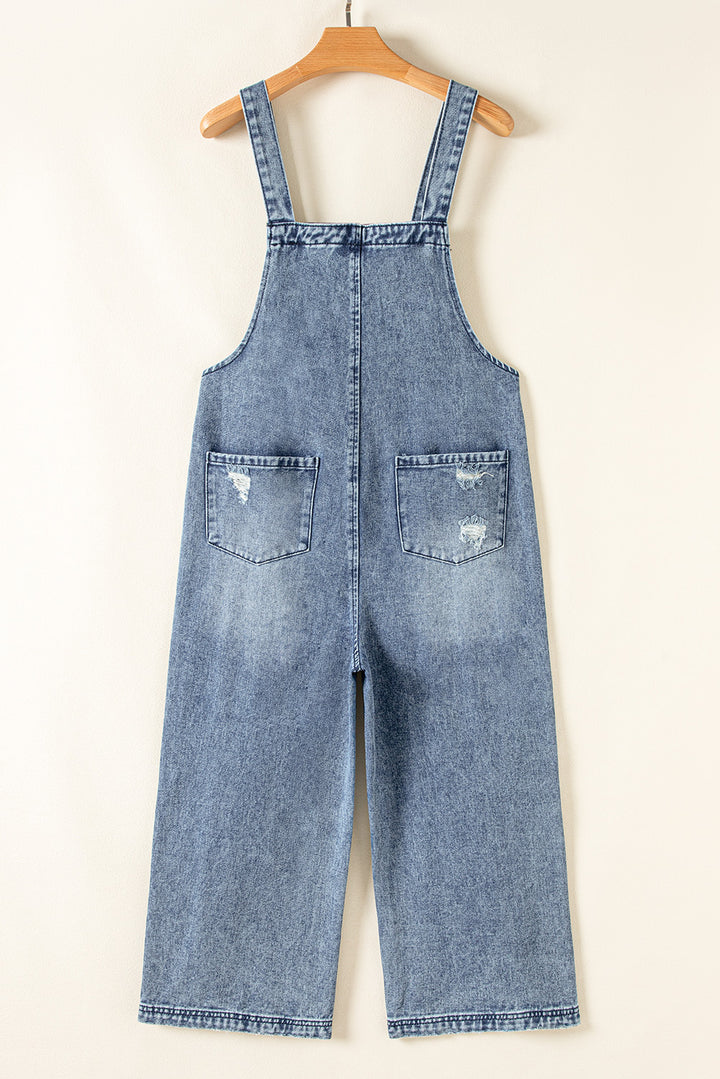 Stone Blue Distressed Bib Pocket Wide Leg Denim Overall