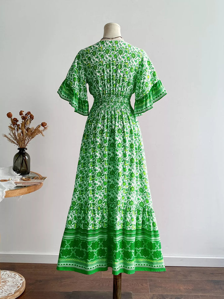 Floral Deep V-Neck Flutter Sleeves Dress