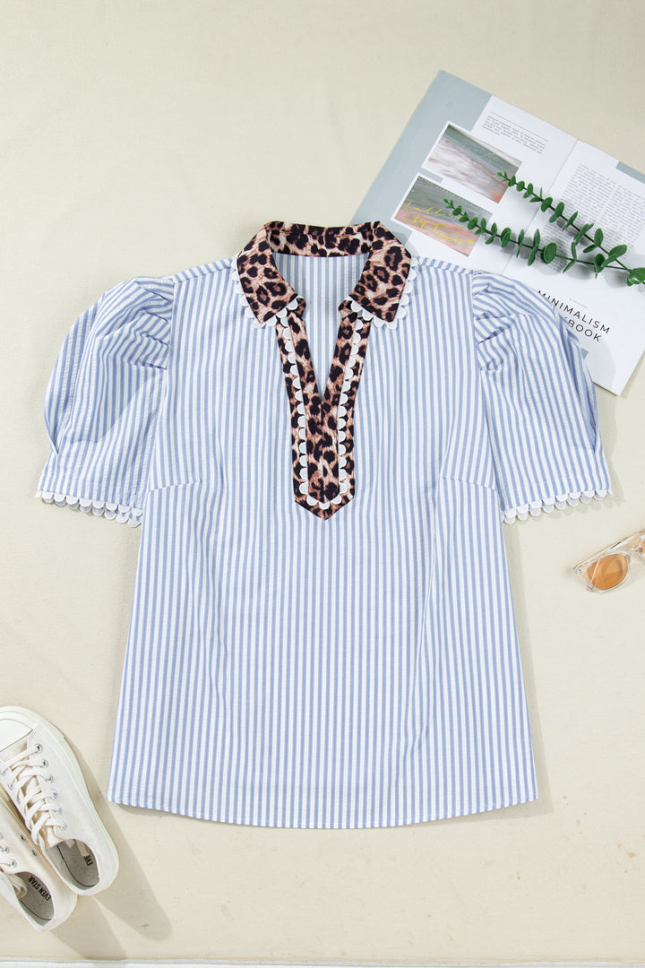 Sky Blue Stripe Plus Size Leopard Patchwork Collar Short Bubble Sleeve Blouse