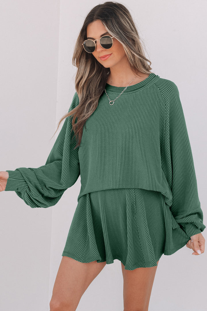 Mist Green Corded Lantern Sleeve Top High Waist Ruffled Mini Skirt Set