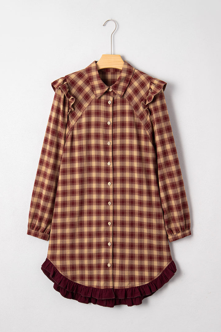 Red Plaid Print Ruffled Long Sleeve Patchwork Hem Mini Shirt Dress