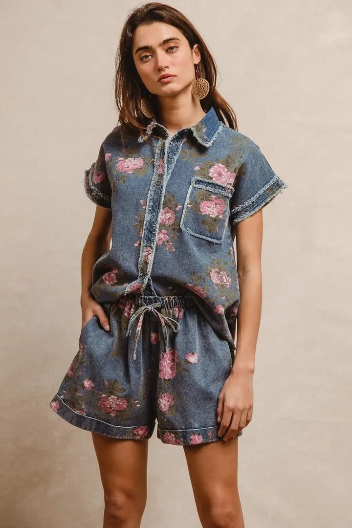 BiBi Floral Printed Denim Short Pants With Pocket