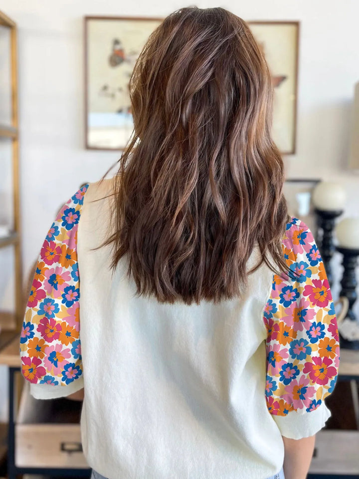 Floral Puff Sleeve Round Neck T-Shirt
