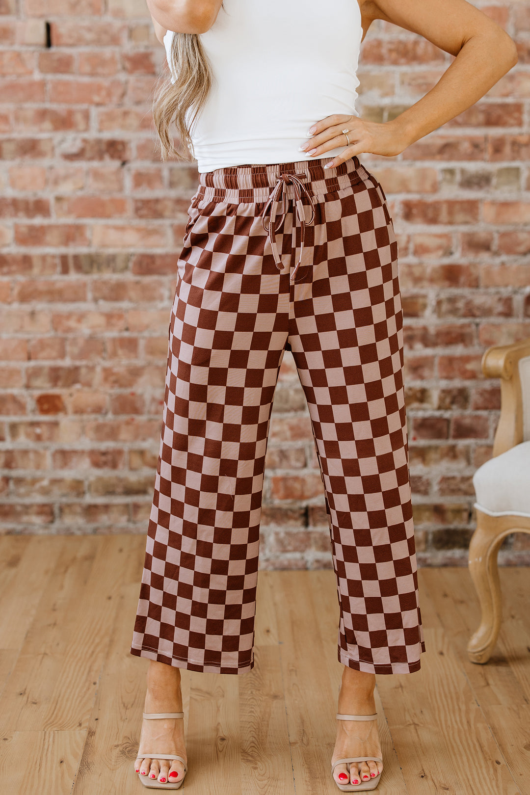 Khaki Checkered Elastic High Waist Loose Casual Pants