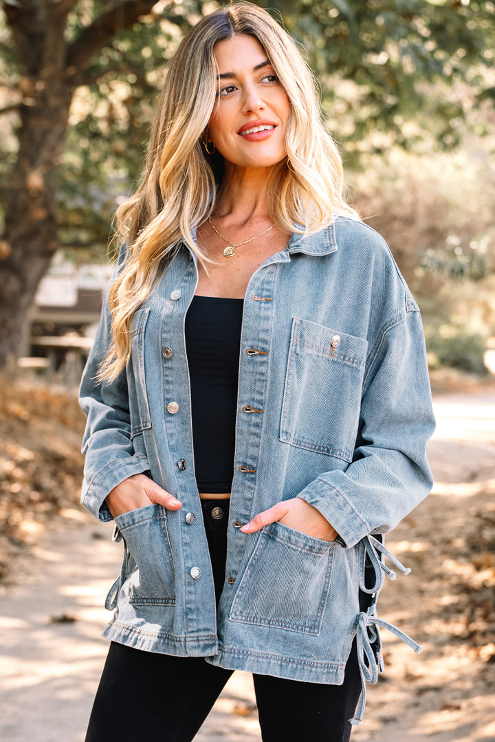 Beau Blue Multi Patched Pockets Side Tie up Boyfriend Style Denim Jacket