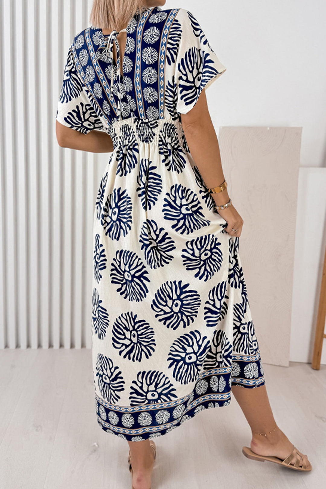 Blue Boho Floral Print Contrast Patchwork V Neck Dolman Maxi Dress