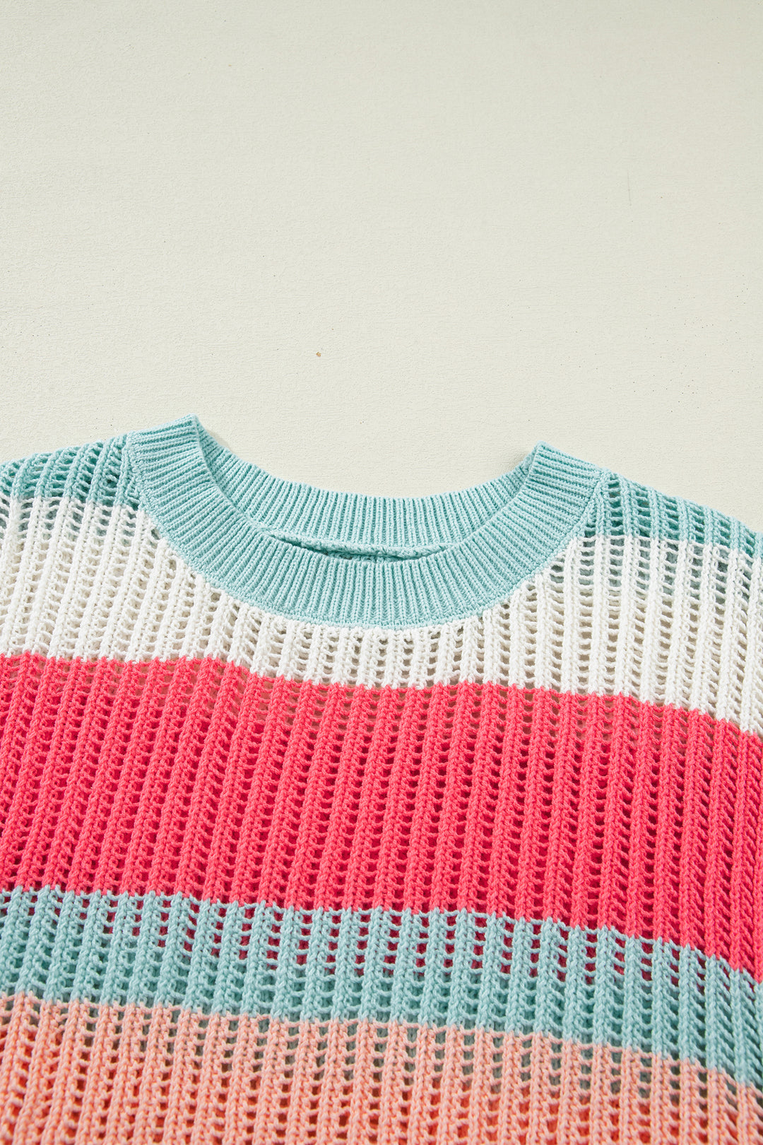 Green Stripe Color Block Hollow Out Knit Short Sleeve Sweater