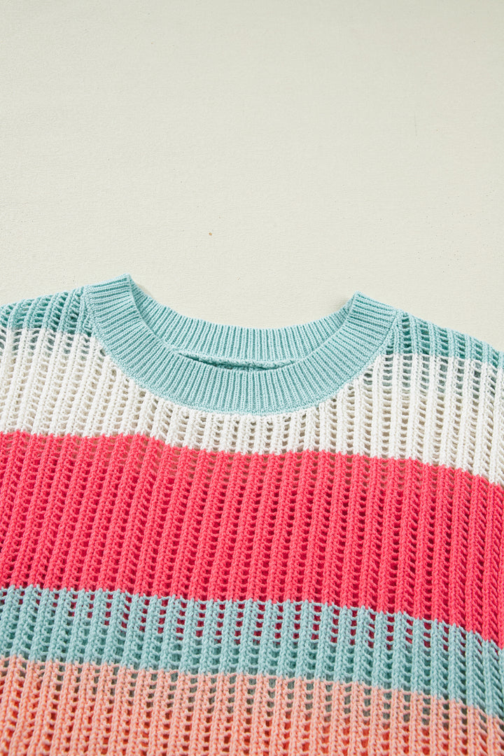 Green Stripe Color Block Hollow Out Knit Short Sleeve Sweater