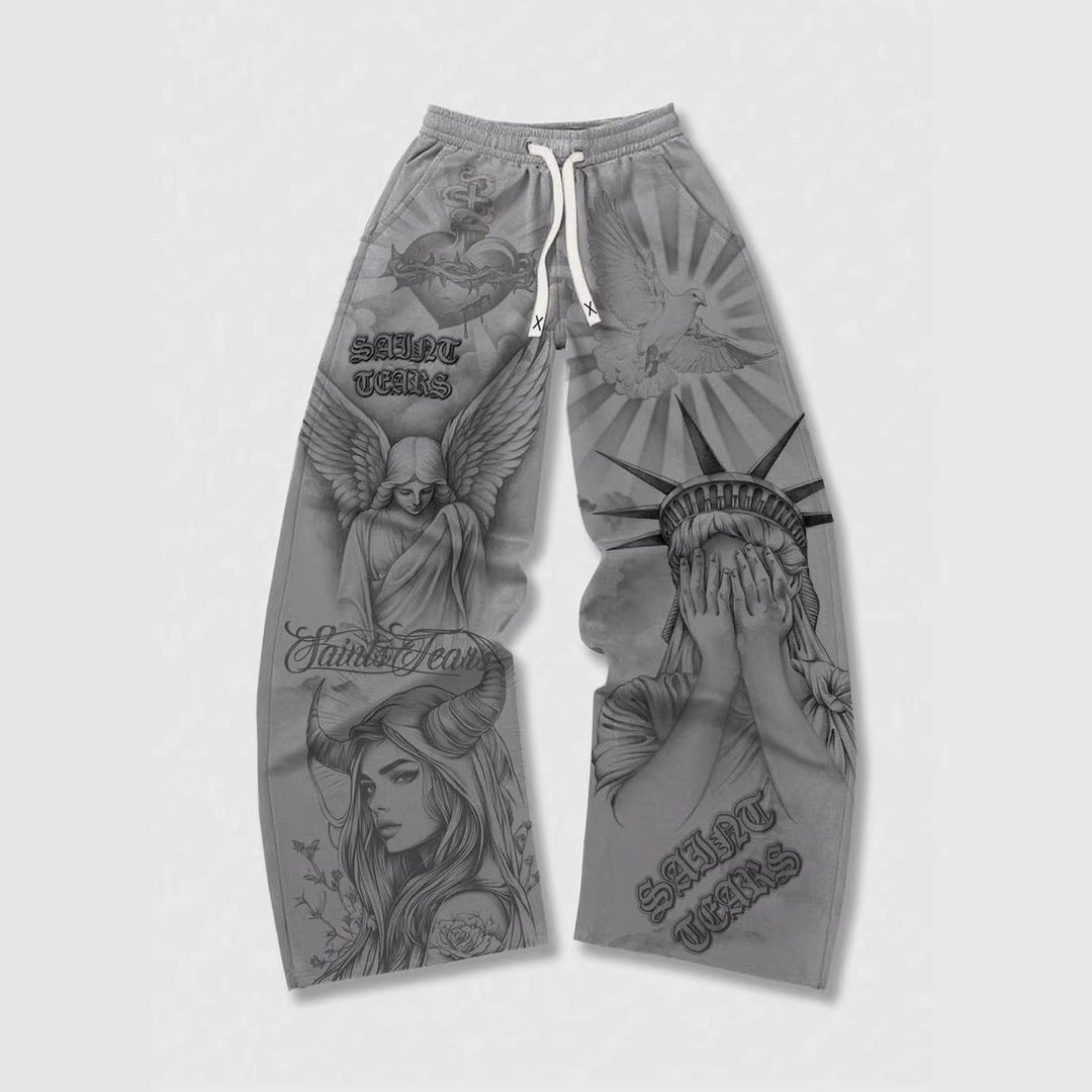 Retro Letter Print Mens Loose Casual Pants