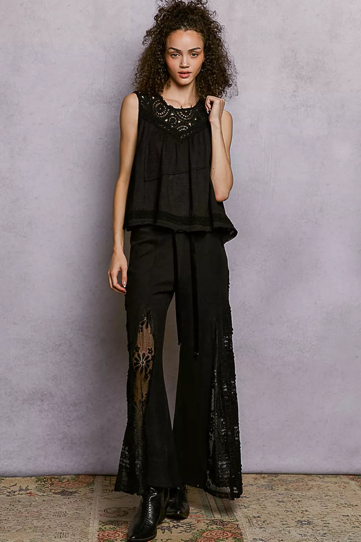 POL Round Neck Sleeveless Top with Crochet Contrast