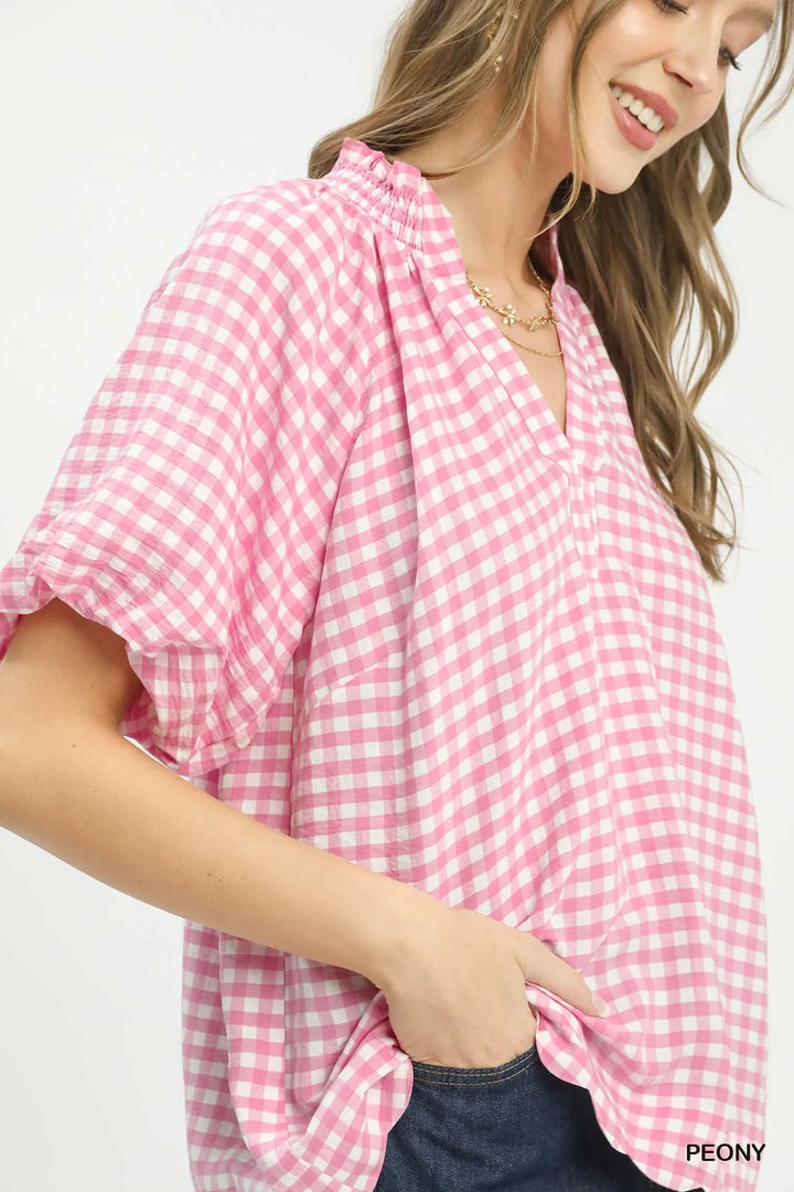 Umgee Gingham Bubble Sleeve Blouse with Scallop Hem