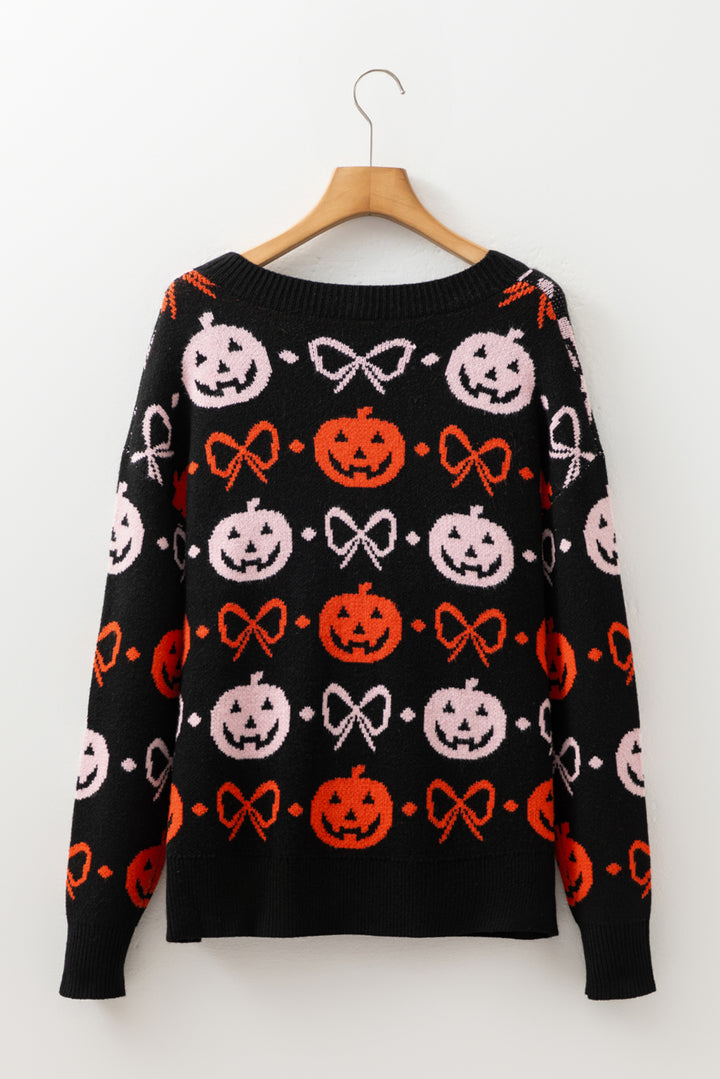 Black Halloween Pumpkin Bow Knit Button V Neck Sweater Cardigan