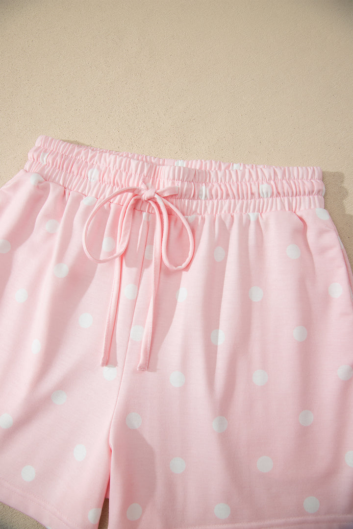 Pink Exposed Seam Detail Polka Dot Loose Tee Drawstring Shorts Set
