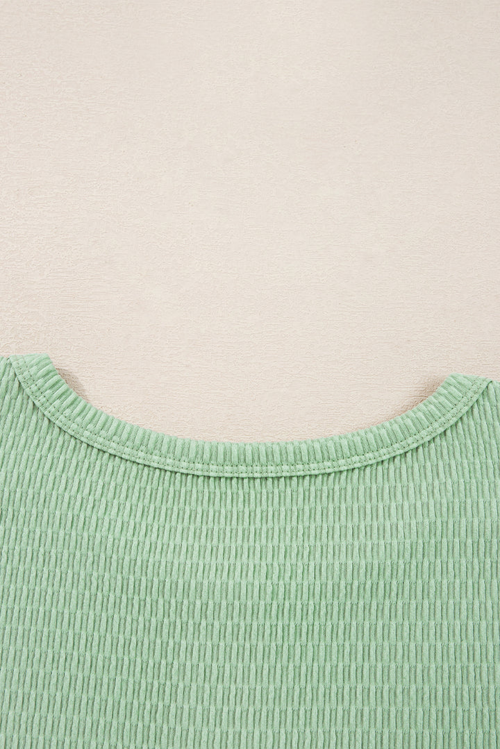 Meadow Mist Green Textured Knit Drop Shoulder Color Block Detail Long Sleeve Henley Top