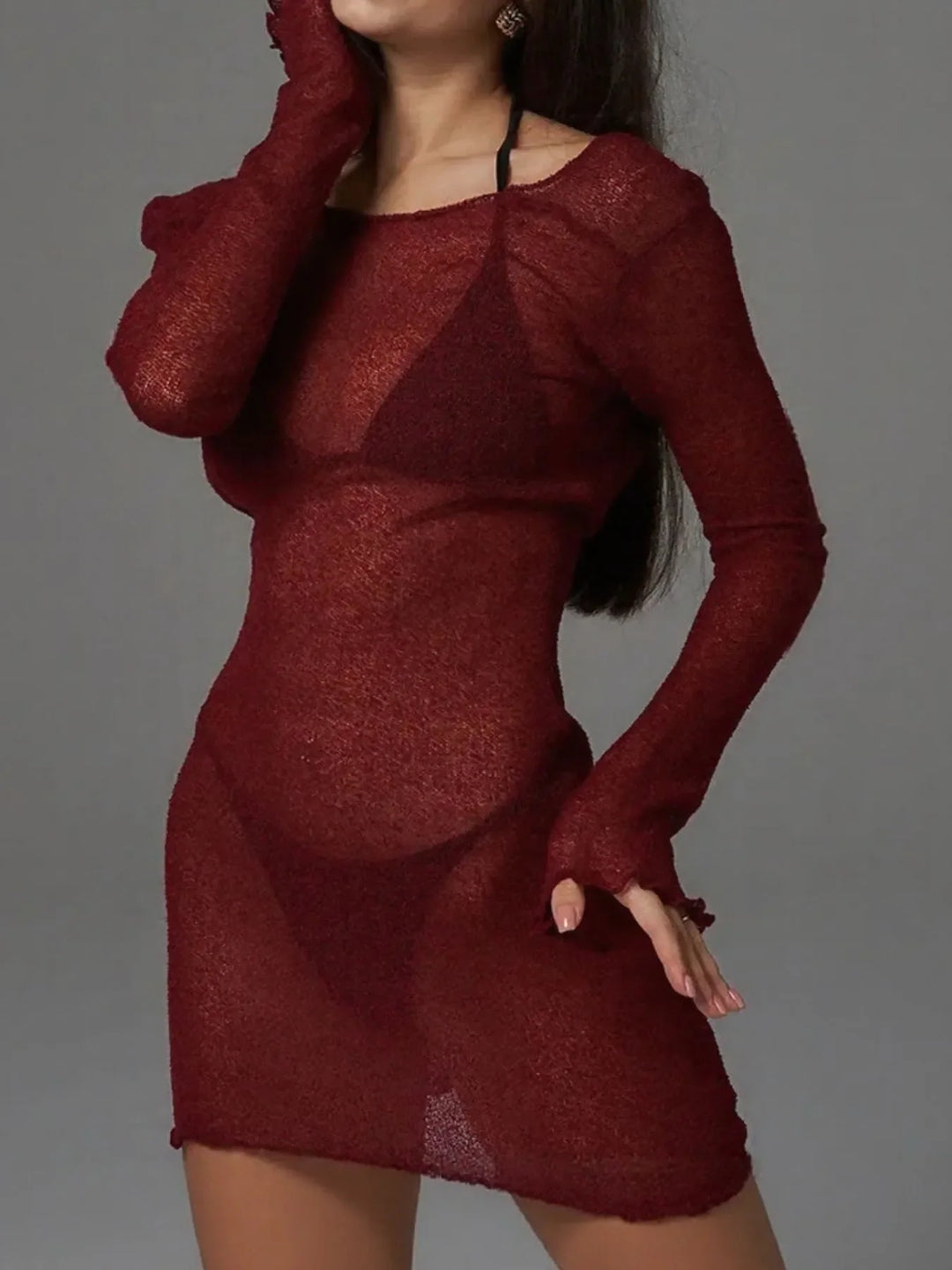 Sheer Backless Long Sleeve Mini Cover-Up Dress