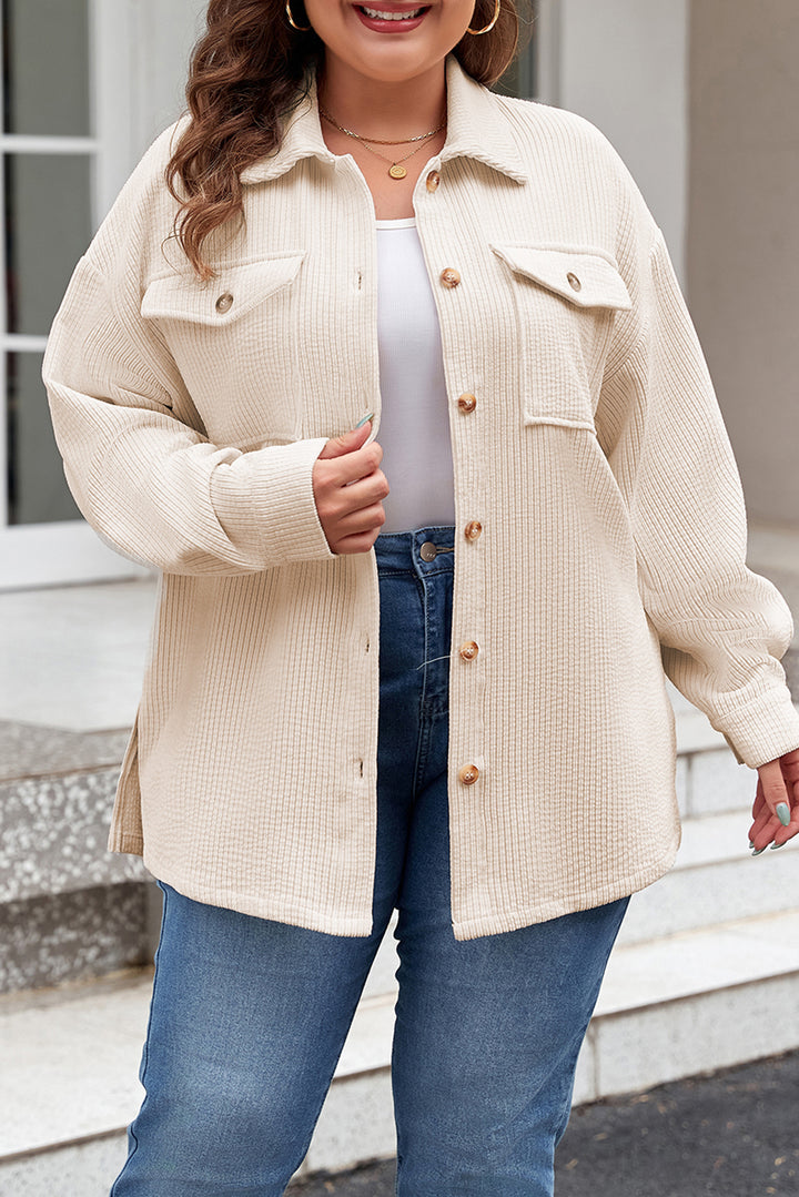 Veste-chemise boutonnée grande taille à poches à rabat texturées couleur avoine