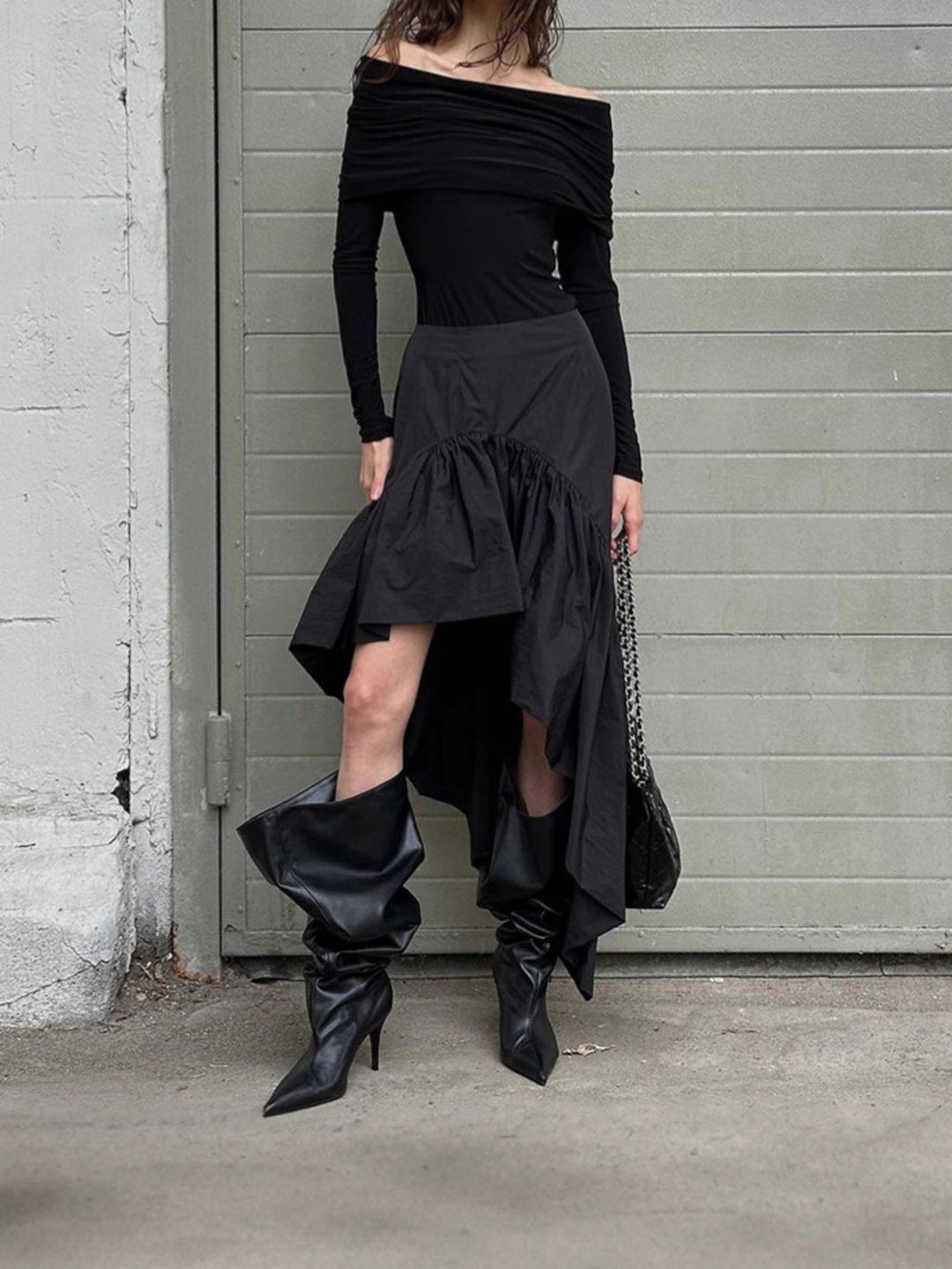 Asymmetrical Ruffle Hem Midi Skirt