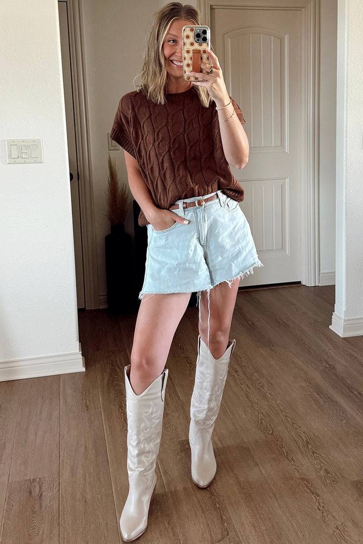 Dark Brown Cable Texture Crew Neck Short Sleeve Sweater Top