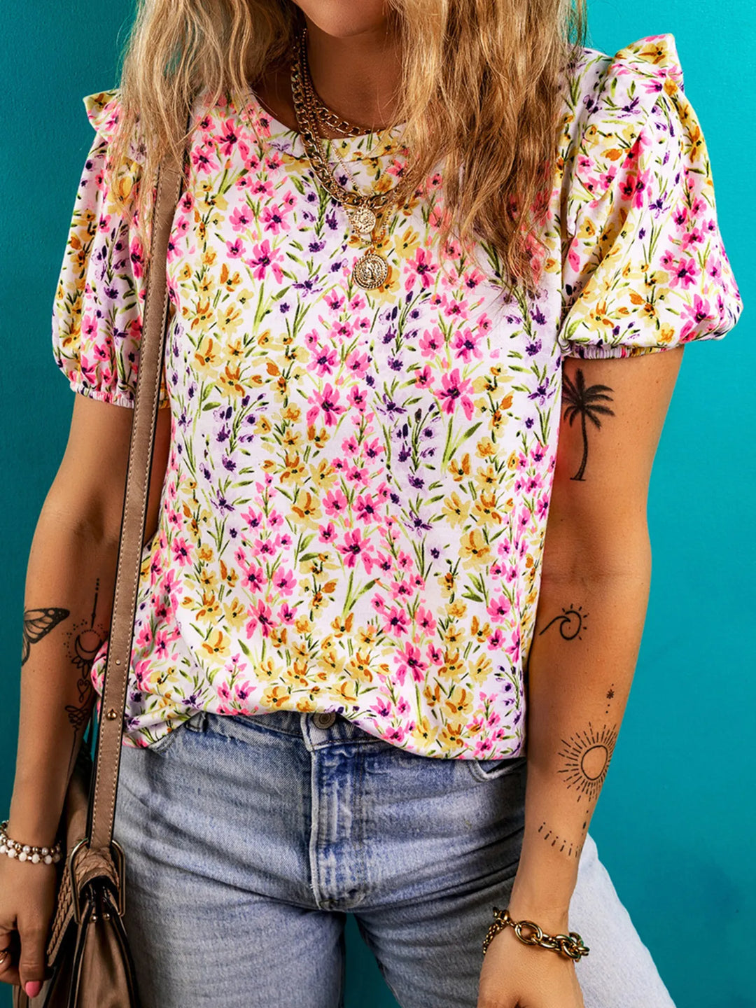 Floral Puff Sleeve Crewneck Blouse