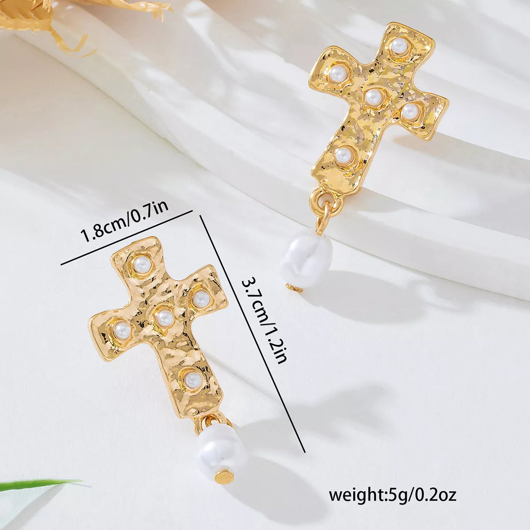 18K Gold-Plated Synthetic Pearl Cross Drop Earrings