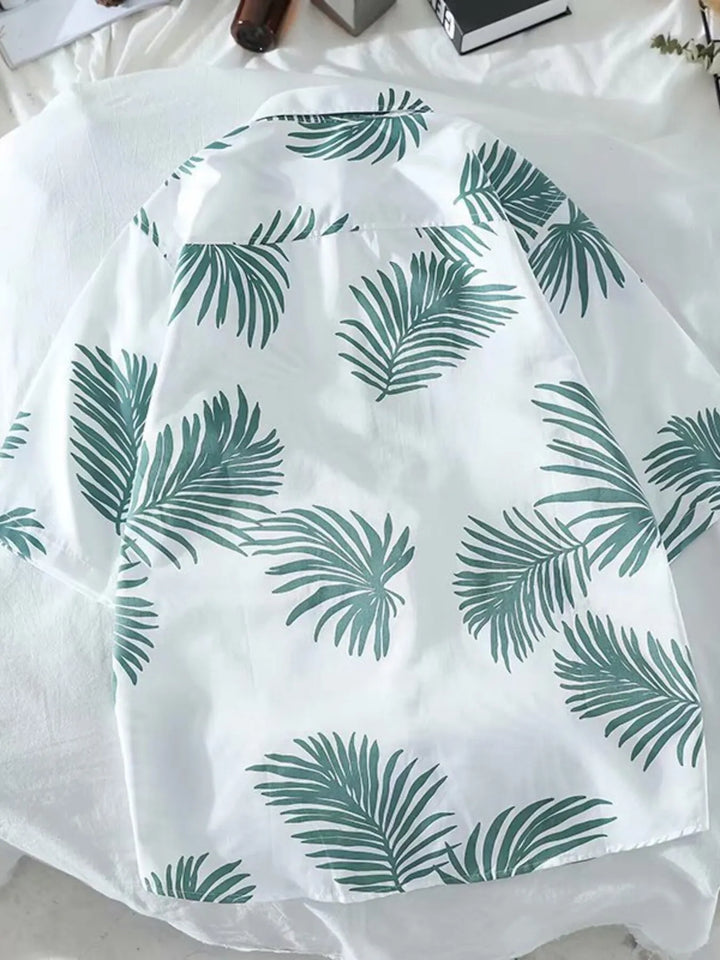Men's Leaf Print Button Up Short Sleeve Shirt
