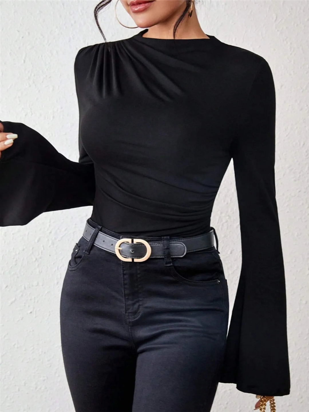 Bell Sleeve Ruched Fitted T-Shirt with Mock Neck