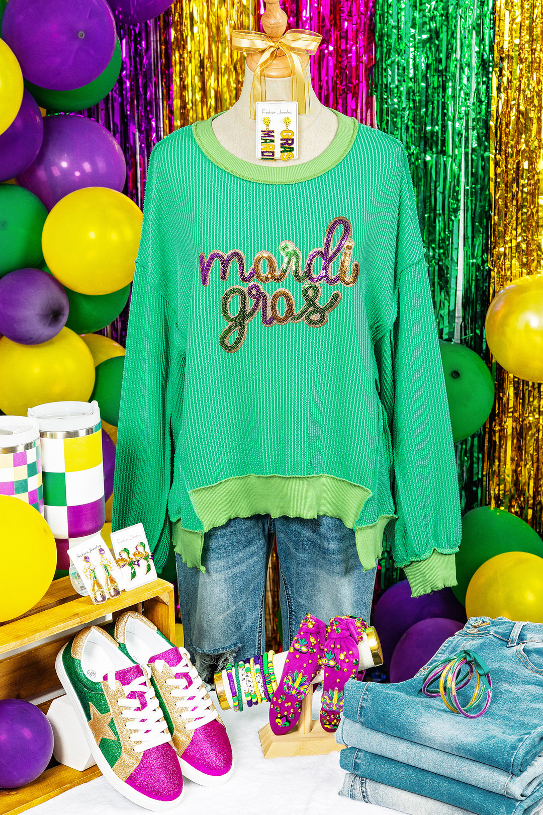 Bright Green Twisted Ribbed mardi gras Sequin Graphic Exposed Seam Patchwork Pullover Top