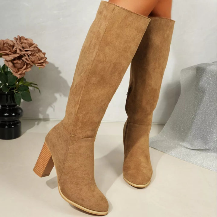 Point Toe Knee-High Suede Block Heel Boots