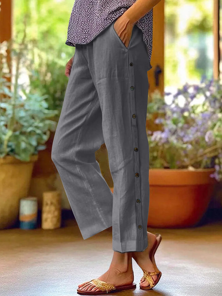 Full Size Side Decor Button Casual Wide Leg Pants Plus Size