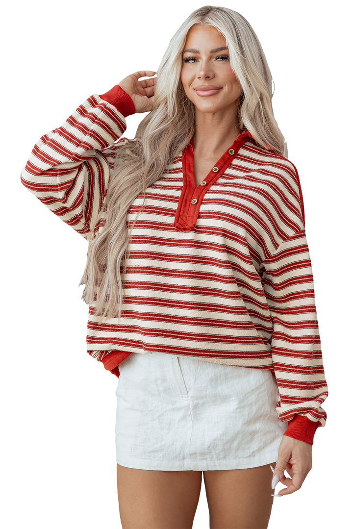 Red Stripe Buttoned V Neck Collared Drop Shoulder Top